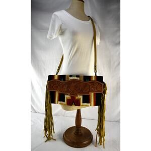 American Darling Bag Tooled Leather Strap Fringe Saddle Blanket Crossbody